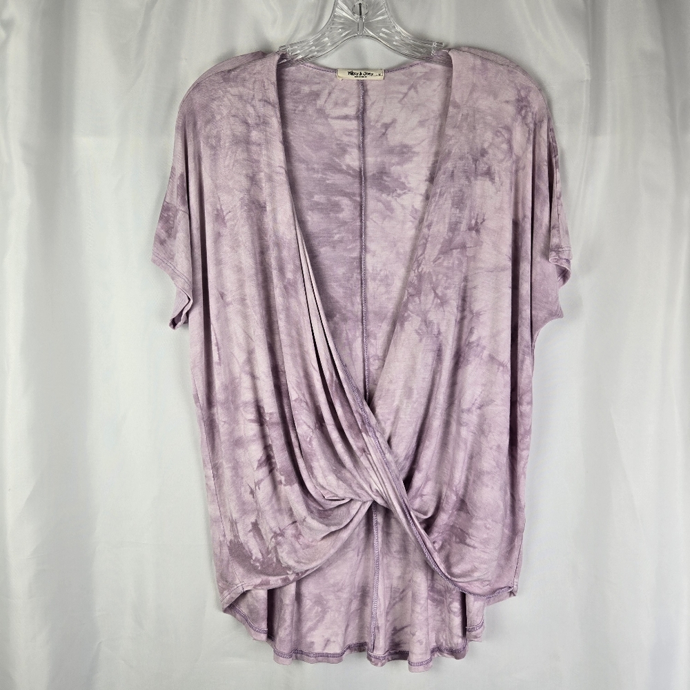 Mikey & Joey Women Lavender Purple Tie Dye Faux Wrap Twist Front Top Size Medium